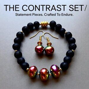 GIFT SET! Magenta Rose Gold + Lava Rock Beads ~ Vibrant Bold Bracelet + Earrings